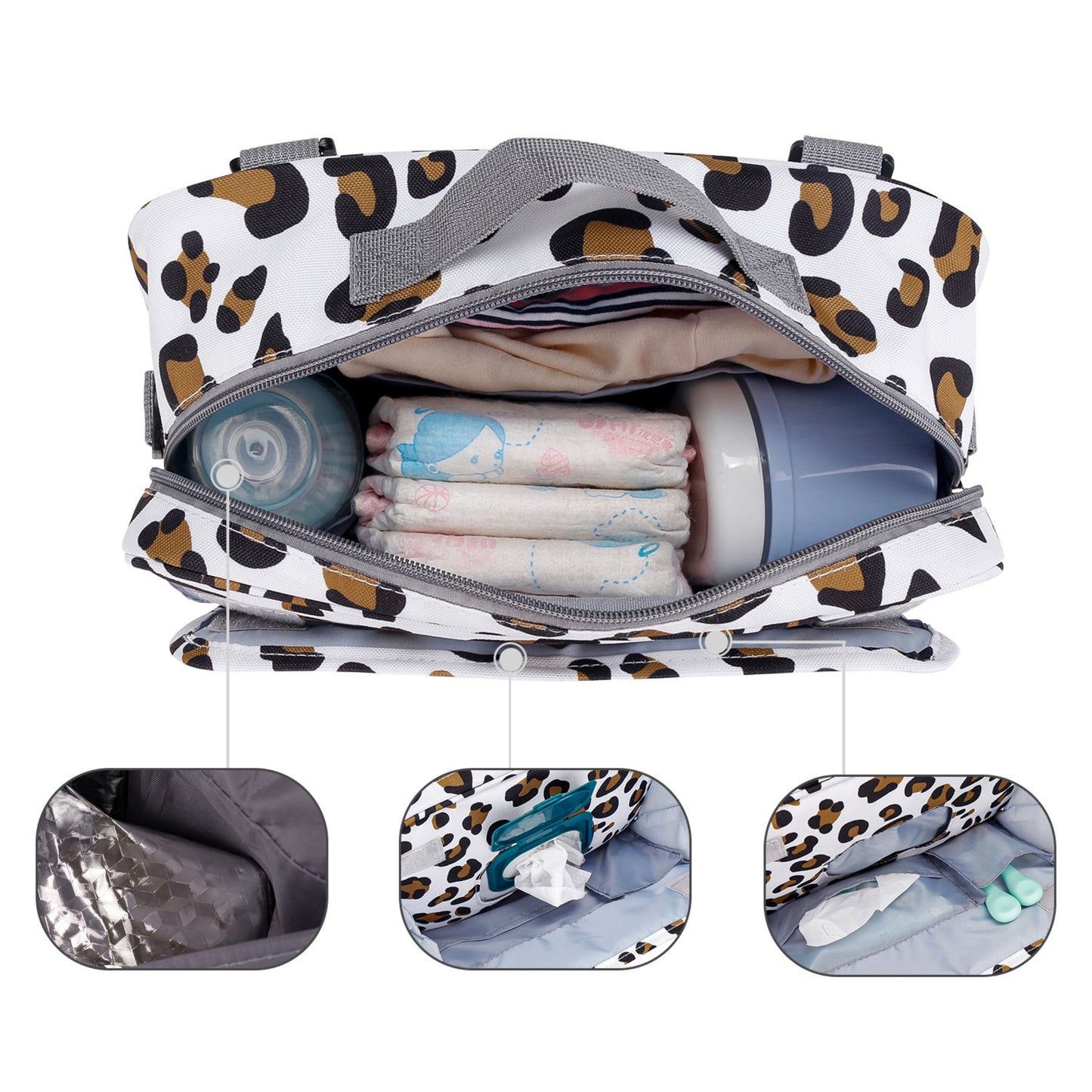 Stylish Baby Changing Bag in Leopard Print, Cow Print, Geometric Print, Grey or Black